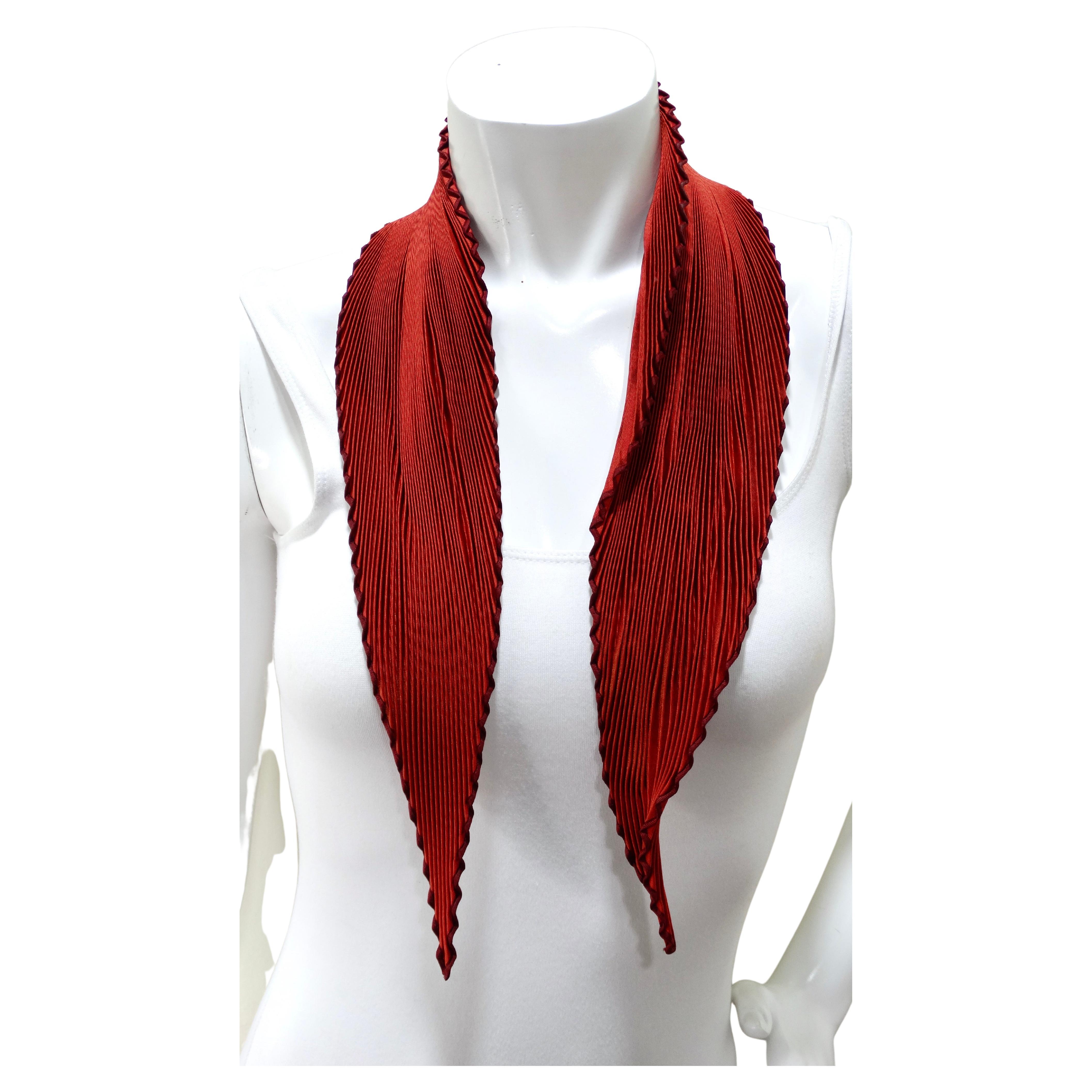 Hermes Plisse Pleated Red Silk Scarf 