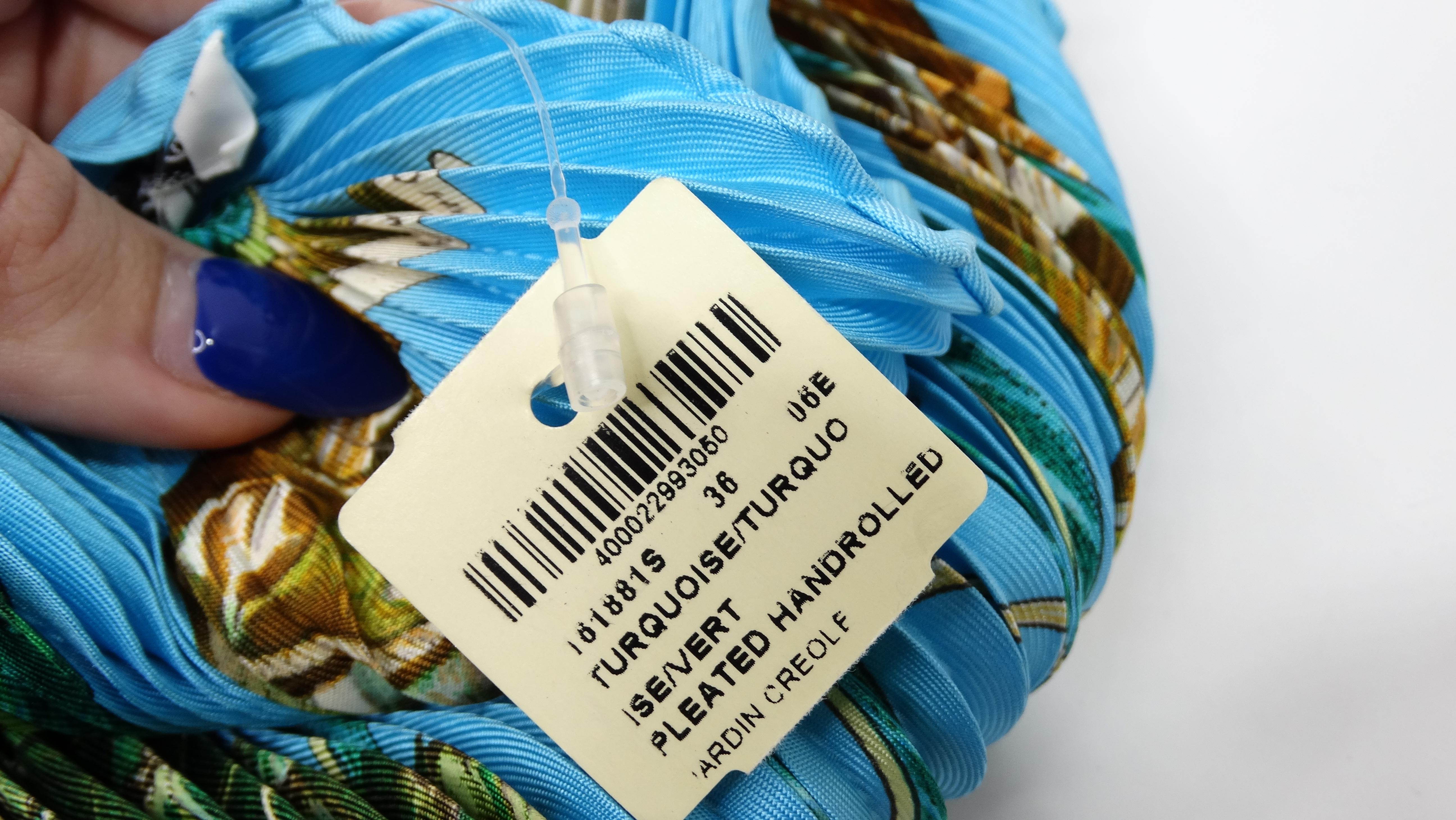 Gray Hermes Plisse Pleated Turquoise Silk Scarf 