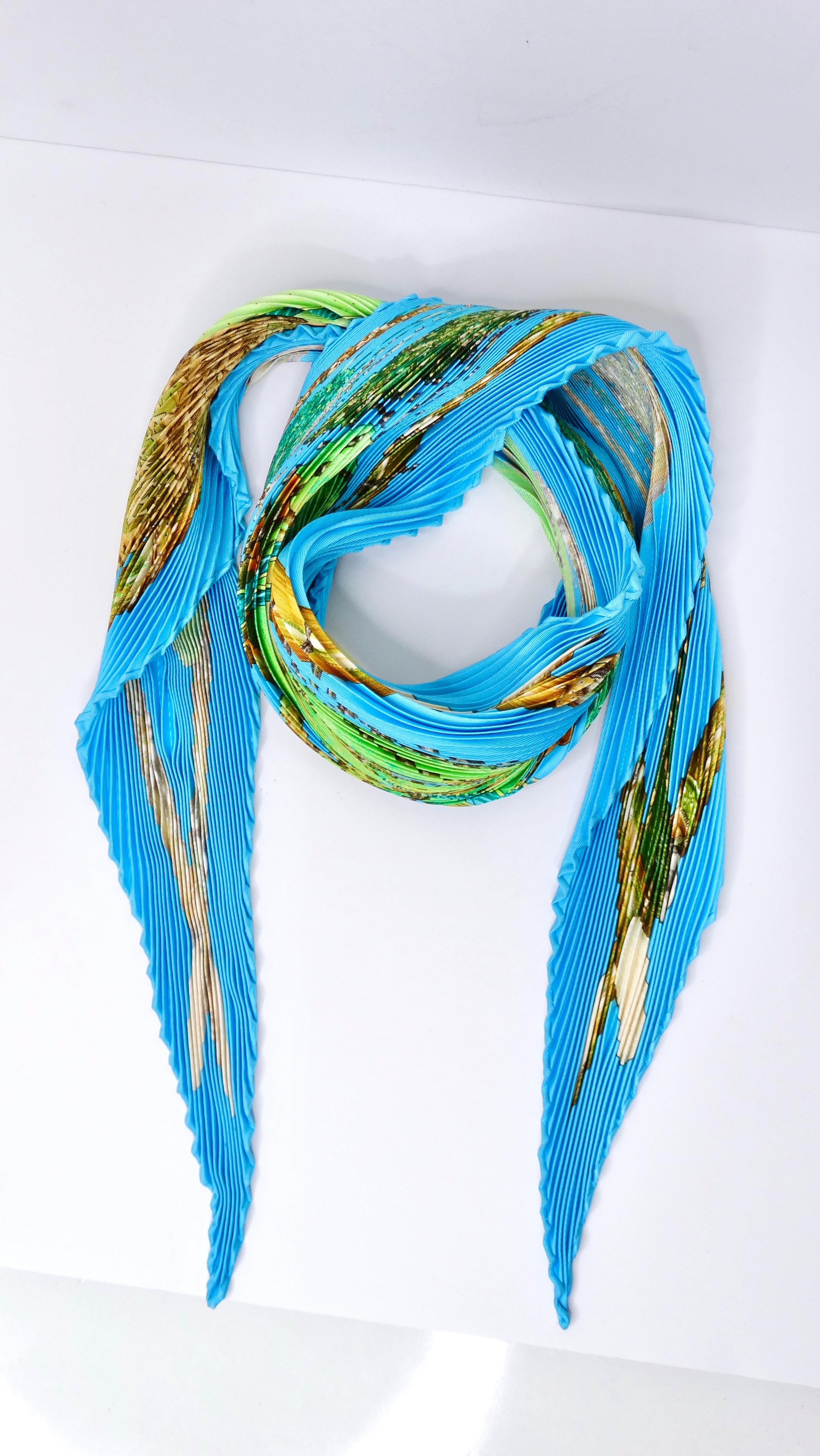 Hermes Plisse Pleated Turquoise Silk Scarf  In Excellent Condition In Scottsdale, AZ