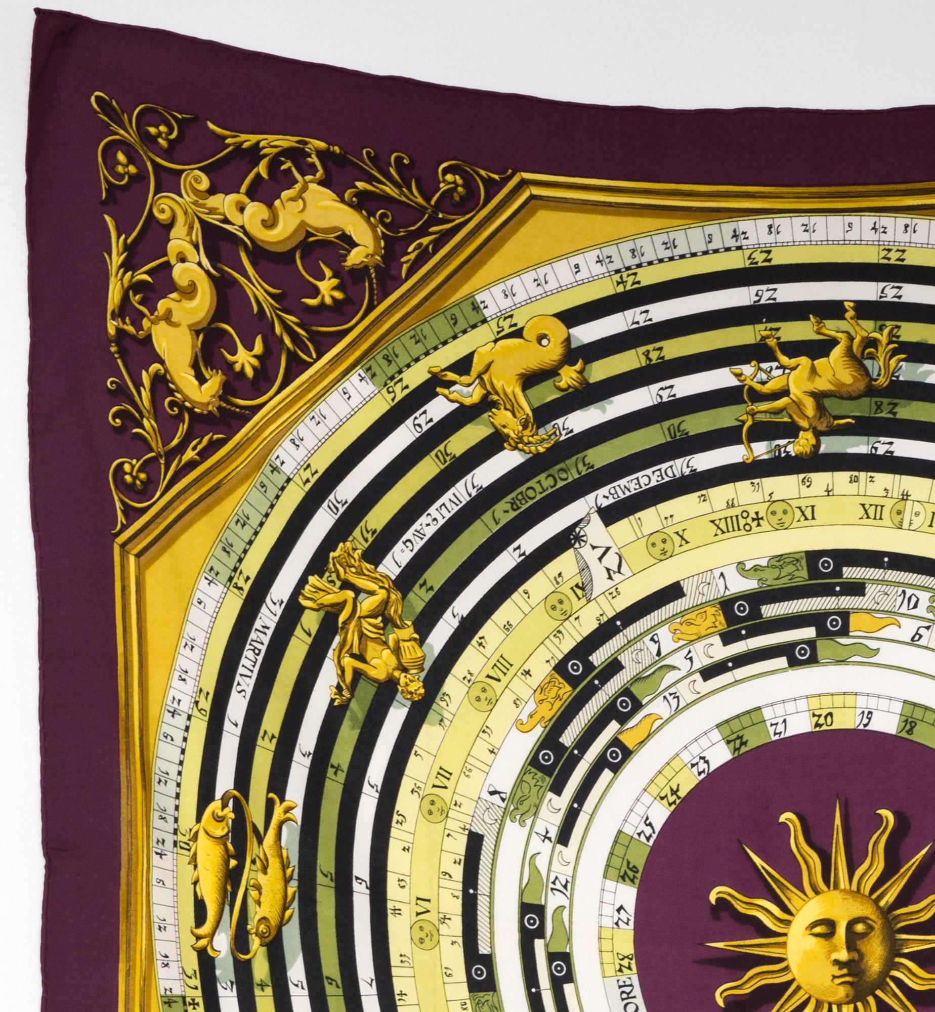 Hermes silk scarf plum “Dies et Hore” by F. Faconnet featuring a sun, moon Renaissance scene and a top logo signature.  
Circa 1962s 
In good vintage condition. Made in France.
issue: 1962s
35,4in. (90cm)  X 35,4in. (90cm)
We guarantee you will