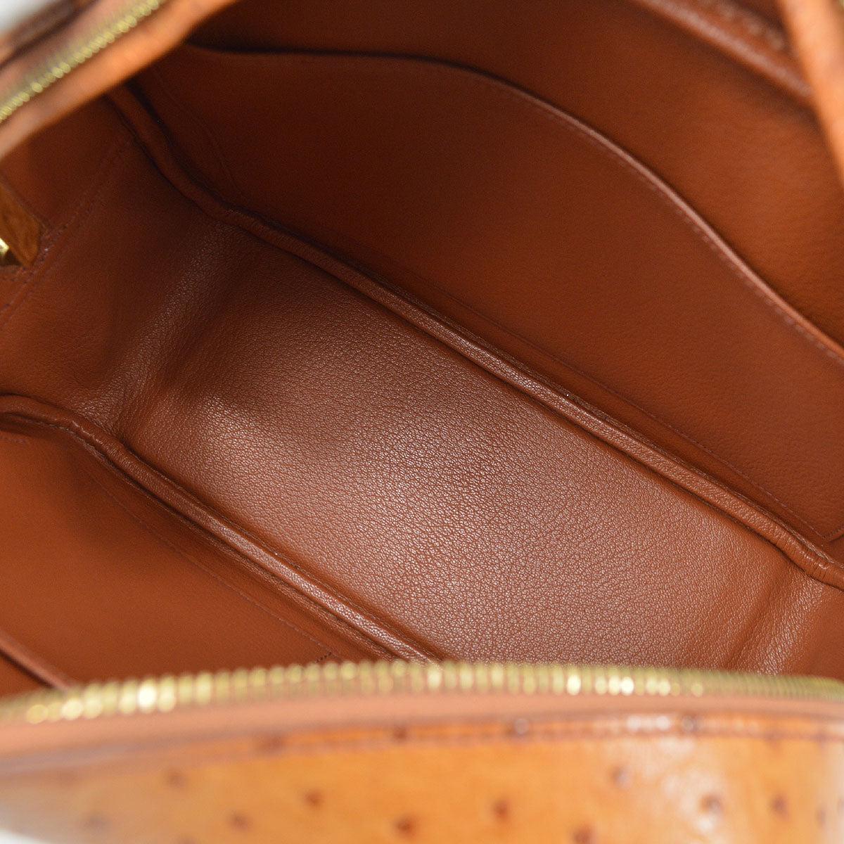 HERMES Plume 28 Cognac Tan Brown Ostrich Gold Hardware Top Handle Bag In Good Condition In Chicago, IL
