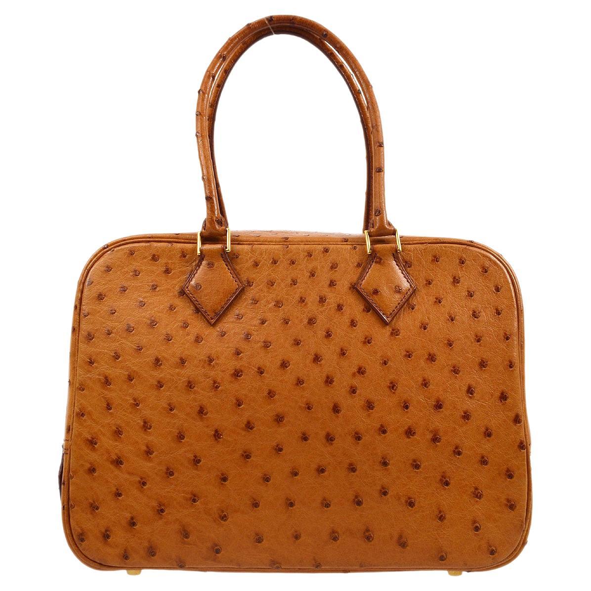 HERMES Plume 28 Cognac Tan Brown Ostrich Gold Hardware Top Handle Bag