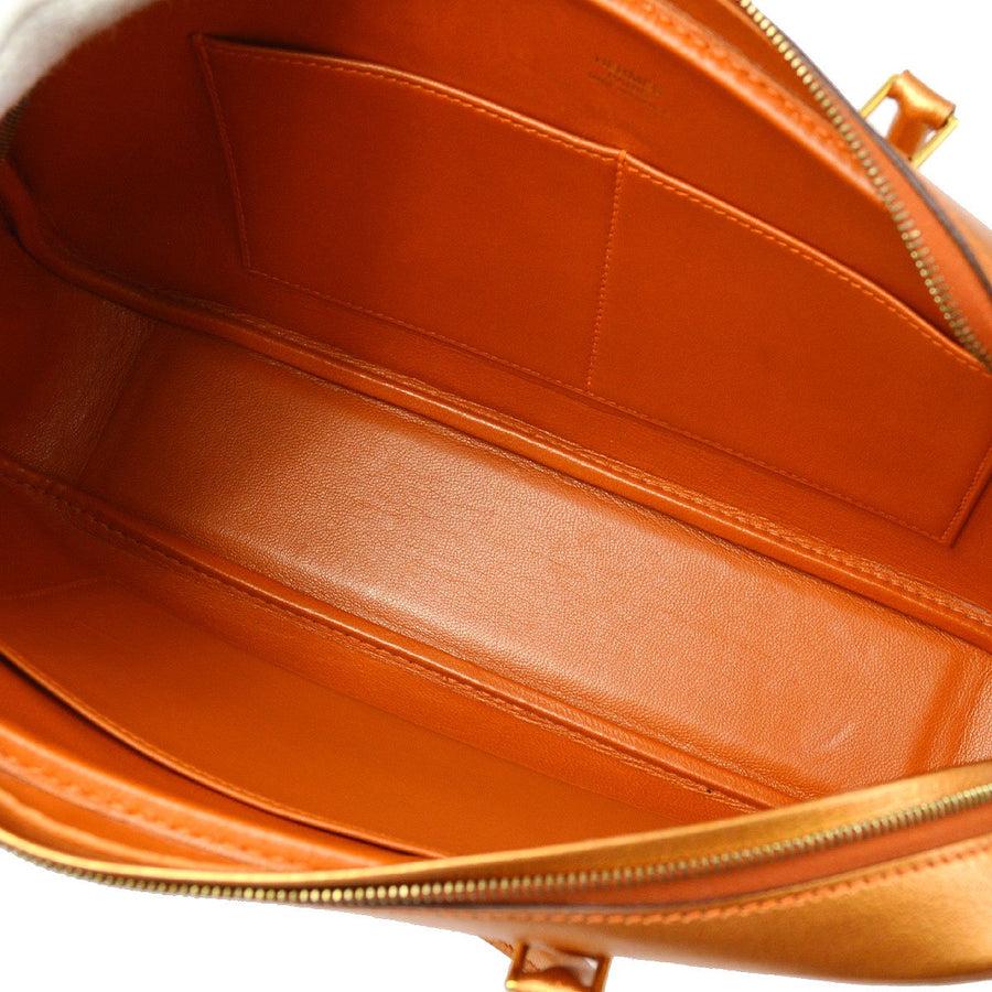 Women's HERMES Plume 28 Orange Metallic Chevre Leather Gold  Top Handle Satchel Bag