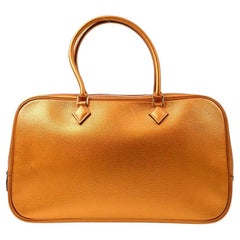 HERMES Plume 28 Orange Metallic Chevre Leather Gold  Top Handle Satchel Bag