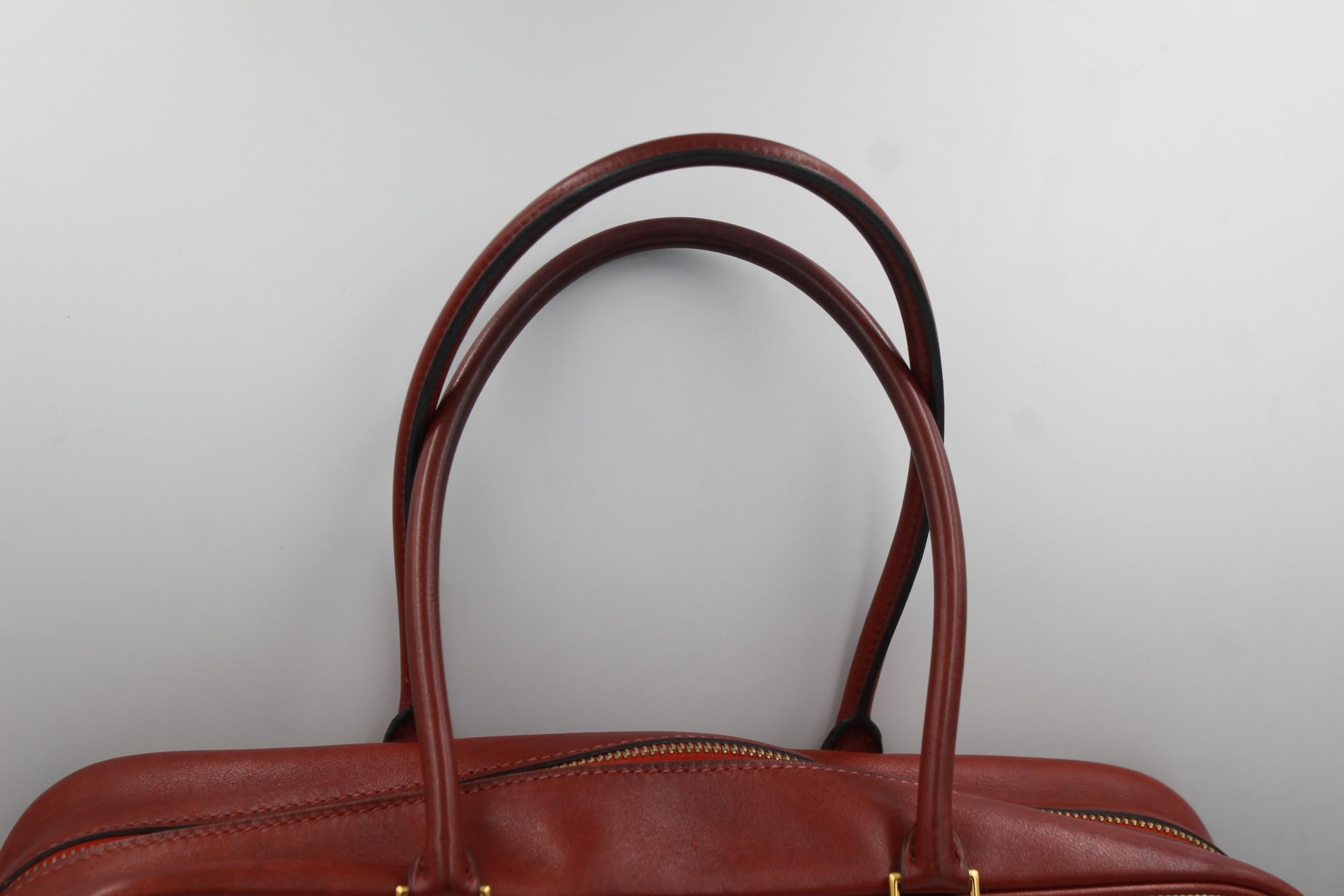 Gray Hermes Plume 32 in Dark Red Leather and Canvas