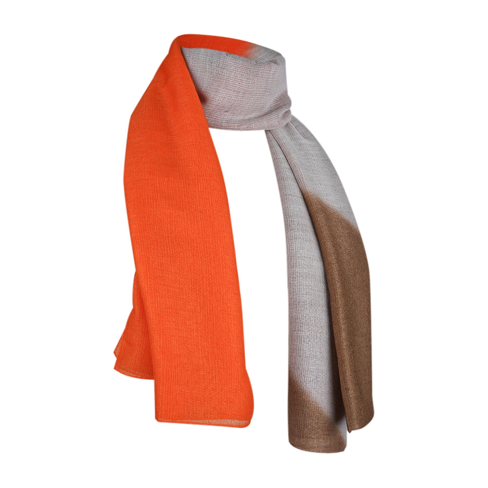 Hermes Plume Allumette Ombre Shawl Orange to Bronze Cashmere / Silk For Sale 4