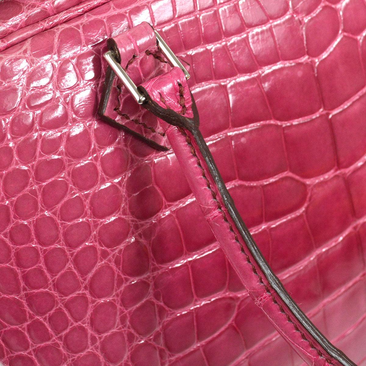 HERMES Plume Hot Pink Alligator Exotic Palladium Top Handle Shoulder Tote Bag In Good Condition In Chicago, IL
