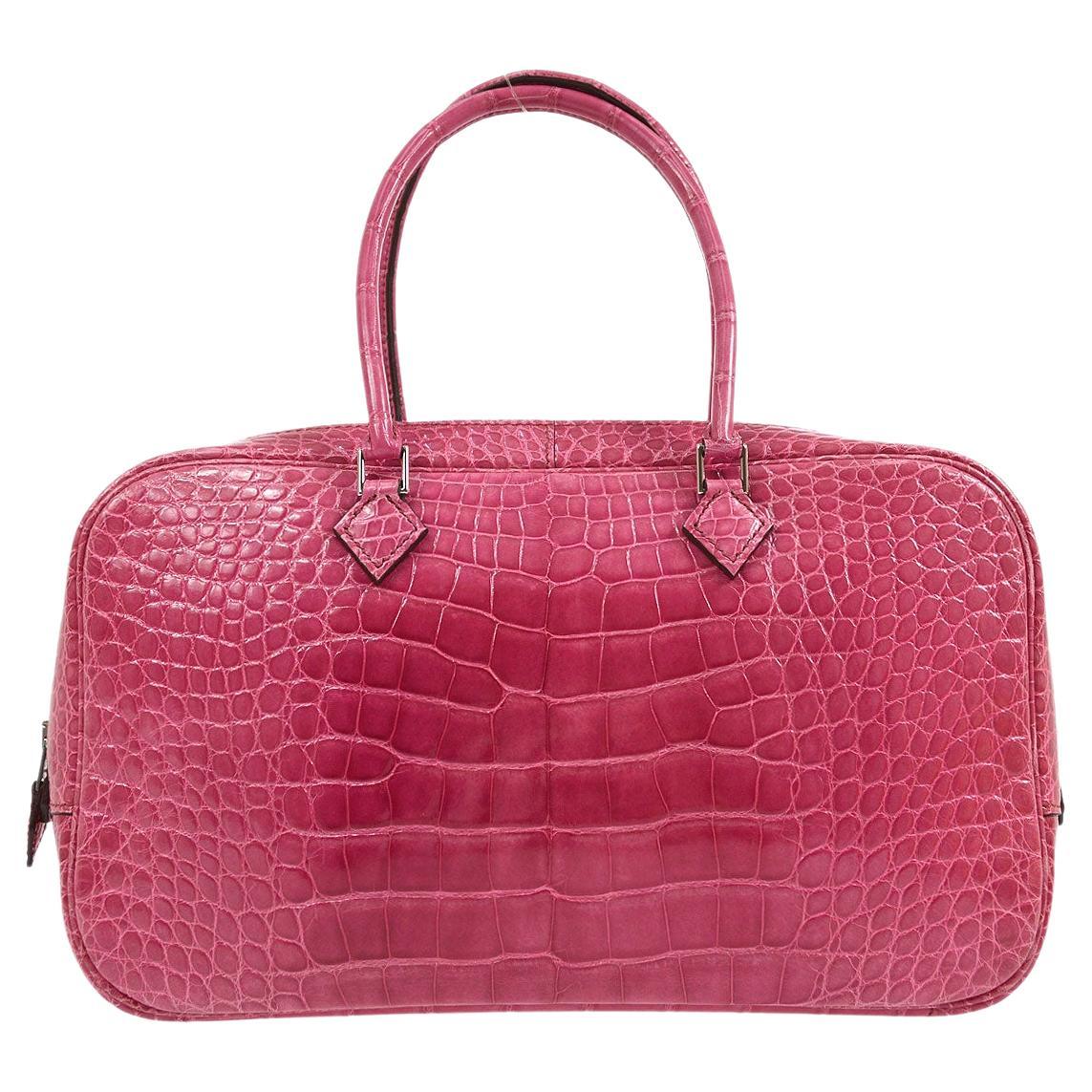 HERMES Plume Hot Pink Alligator Exotic Palladium Top Handle Shoulder Tote Bag