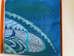 Hermes Plumes en Fete Silk Scarf 90cm New Aline Honoré BLEU COBALT RARE