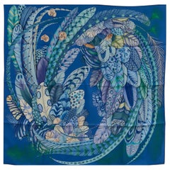 Hermes Plumes en Fete Silk Scarf 90cm New Aline Honoré BLEU COBALT RARE