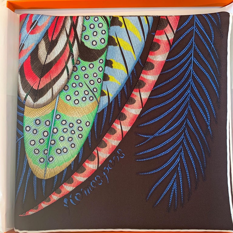 Hermes Plumes en Fete Silk Scarf 90cm New Aline Honoré Marron at