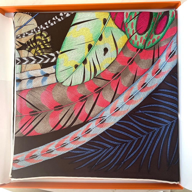Hermes Plumes en Fete Silk Scarf 90cm New Aline Honoré Marron at