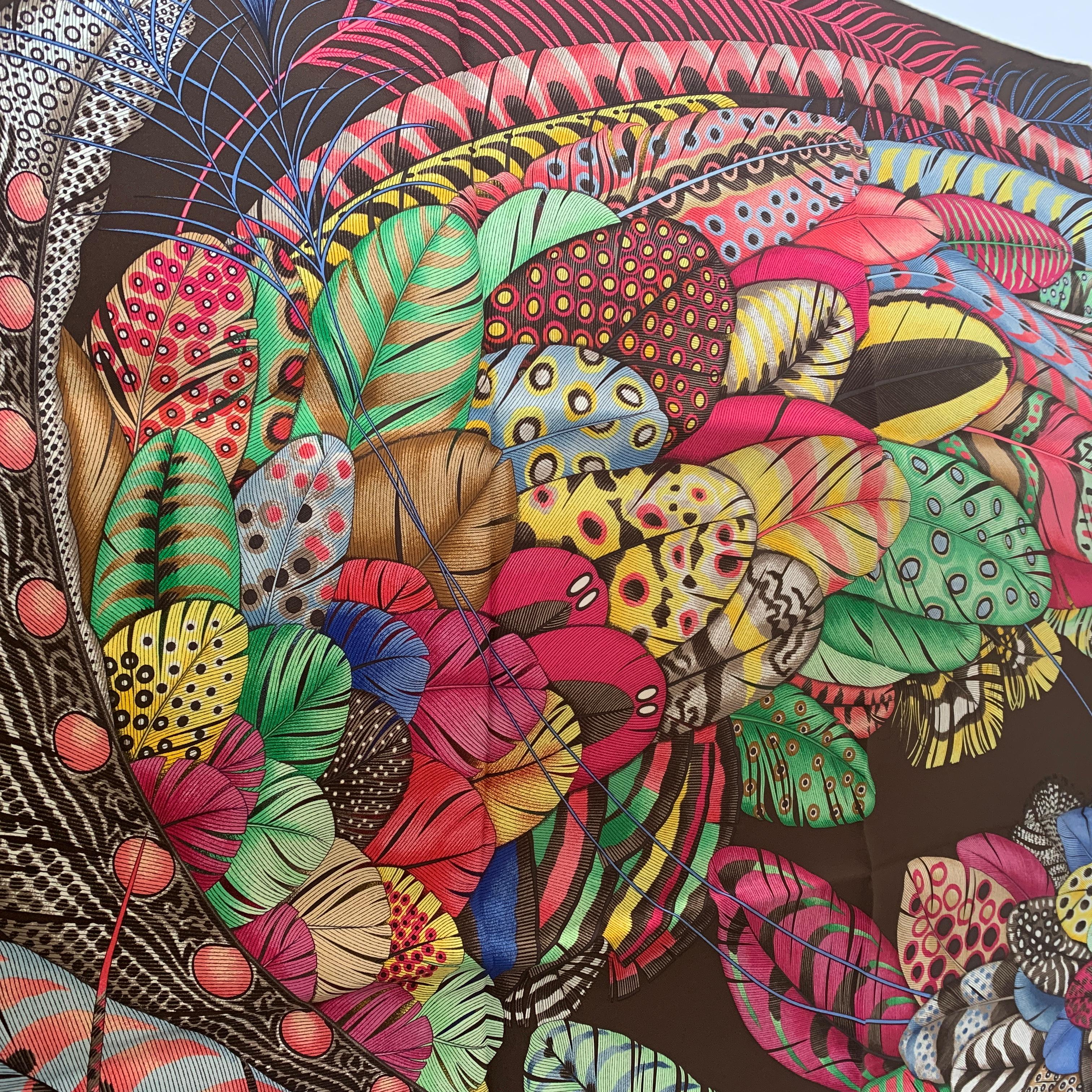 Pink Hermes Plumes en Fete Silk Scarf 90cm New Aline Honoré Marron