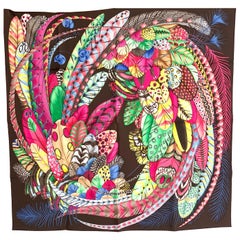 Hermes Plumes en Fete Silk Scarf 90cm New Aline Honoré Marron