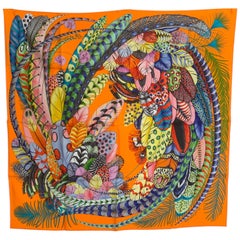 Hermes Plumes en Fete Silk Scarf 90cm New Aline Honoré Orange 