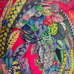 Hermes Plumes en Fete Silk Scarf 90cm New Aline Honoré Rose Vif Pink