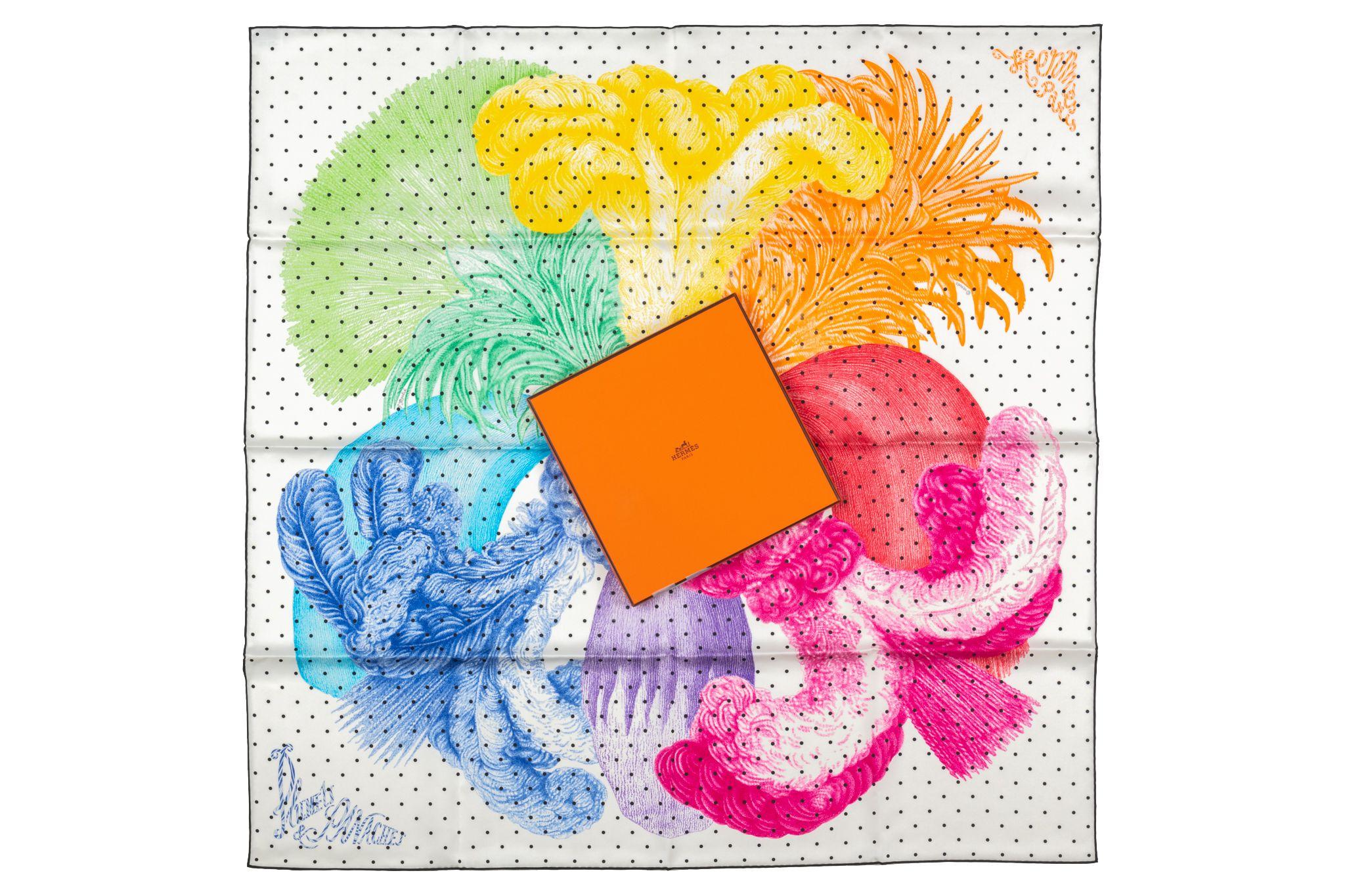Hermès new Plumets et Panaches Silk scarf in vibrant multicolor. Rolled edges. Comes in the original box.