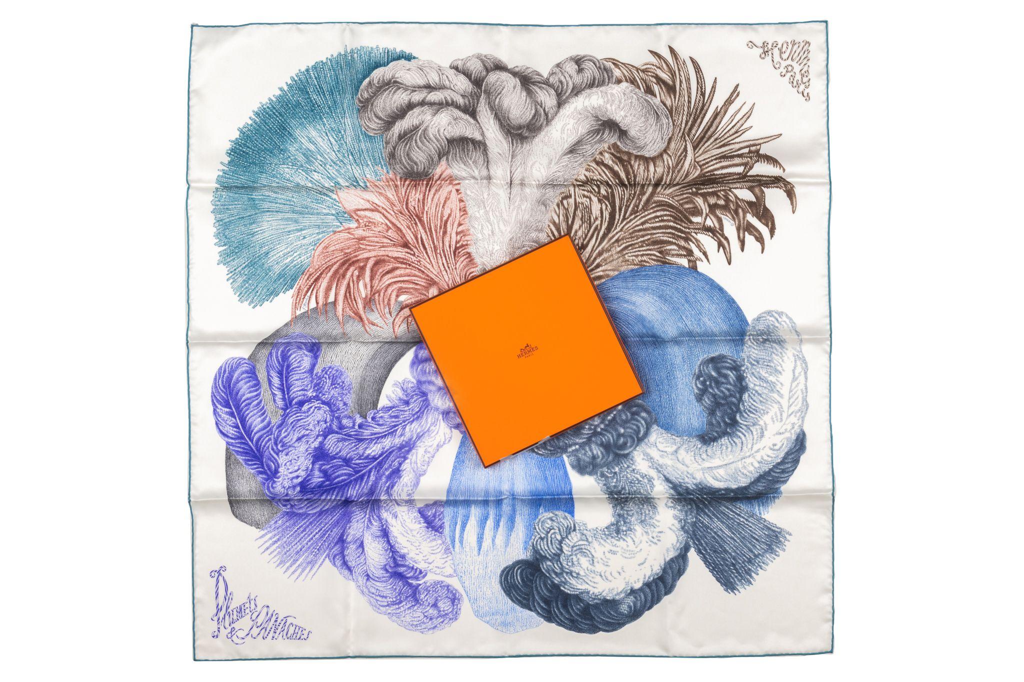 Hermès new Plumets et Panaches Silk scarf in several blue tones on white. Comes with the original box.