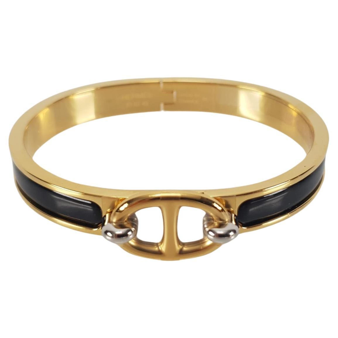 Hermes PM Black plain enamel Mini Clic Chaine d'Ancre bracelet For Sale