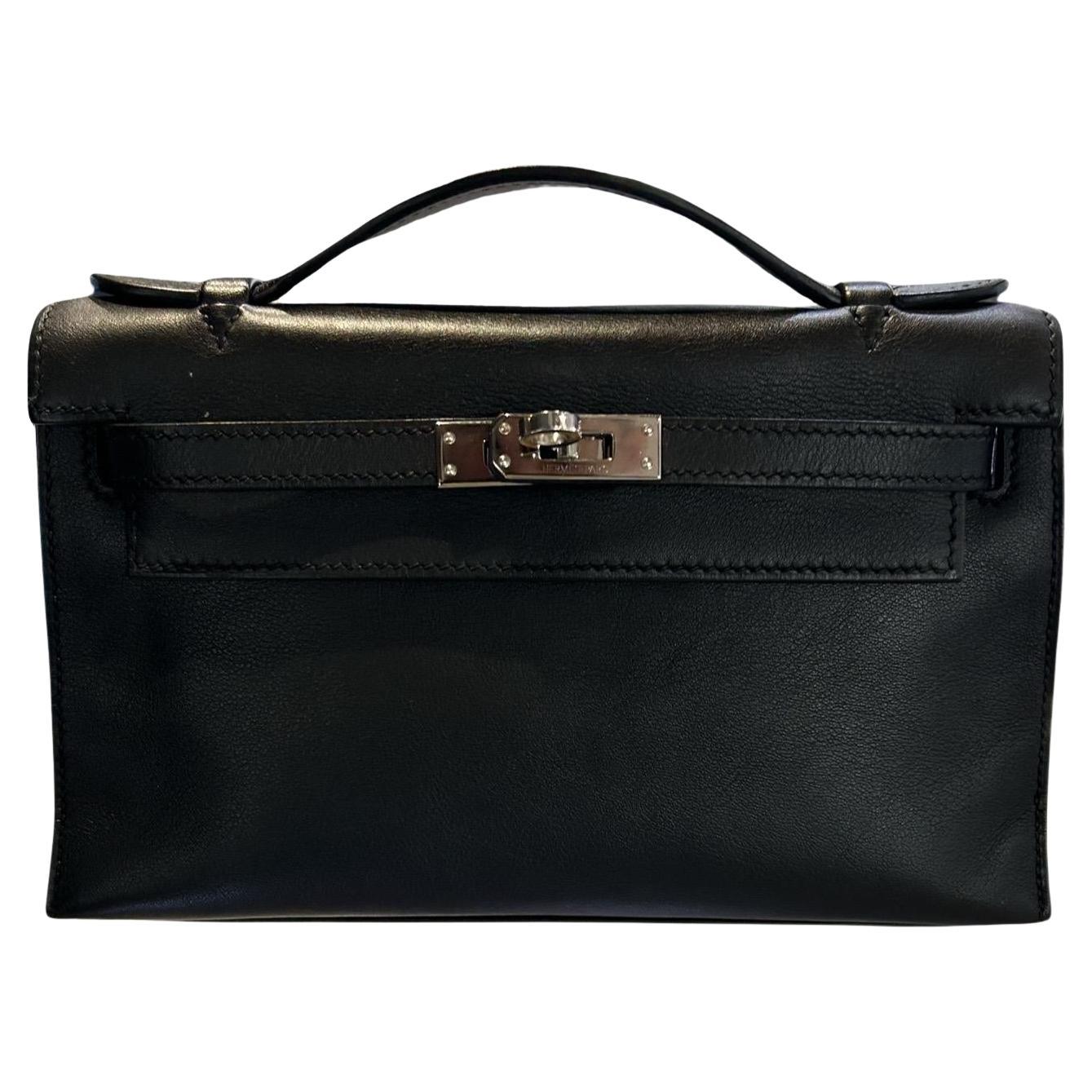 Hermes Pochette Kelly Black Palladium Hardware