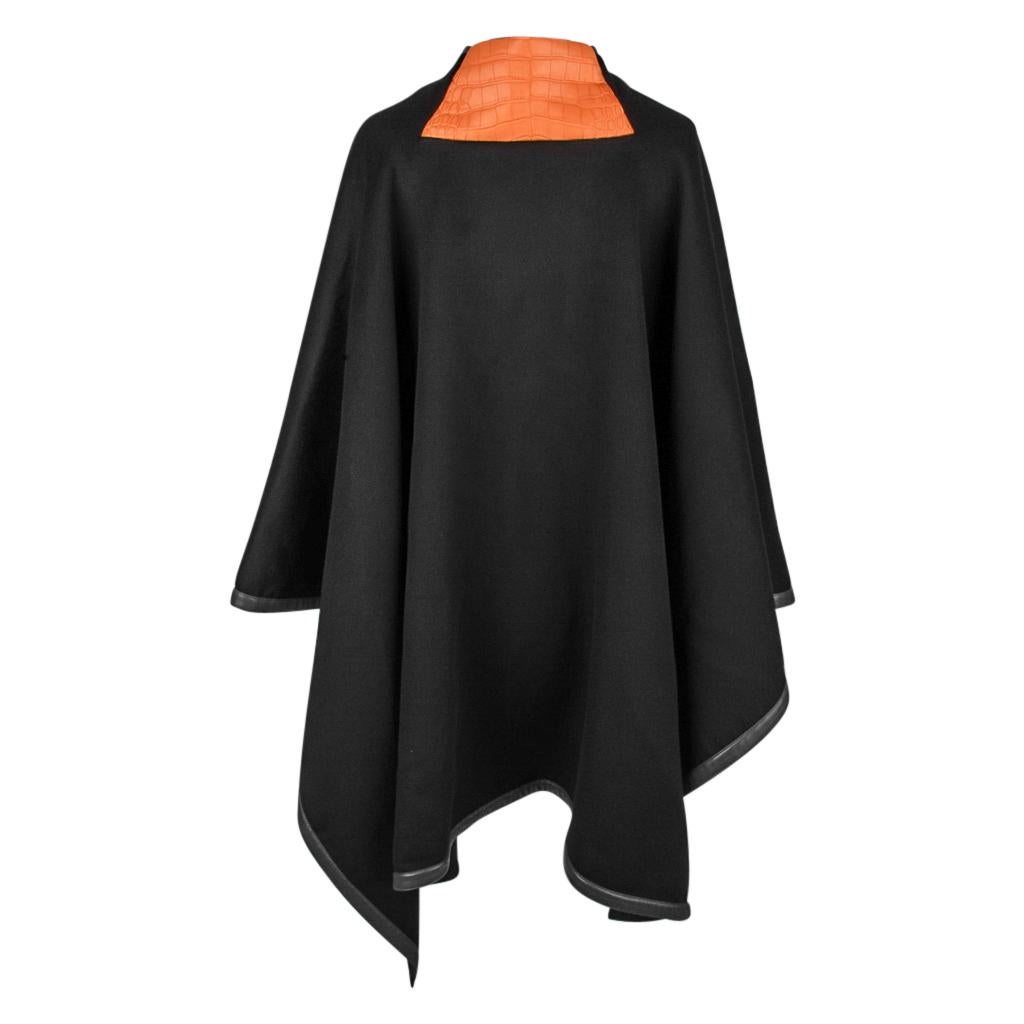 Hermes Poncho Black Cashmere w/ Abricot Alligator and Lambskin Trim  1