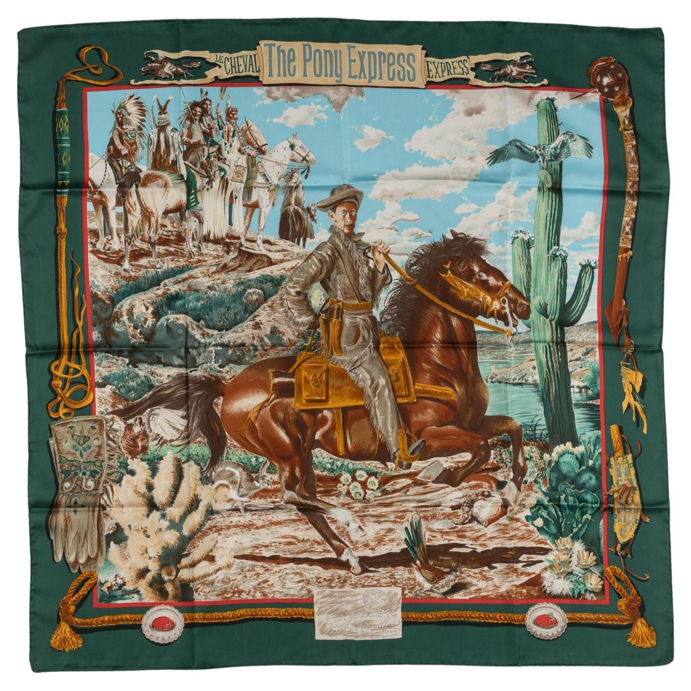 Hermès " Pony Express" Pañuelo de seda verde