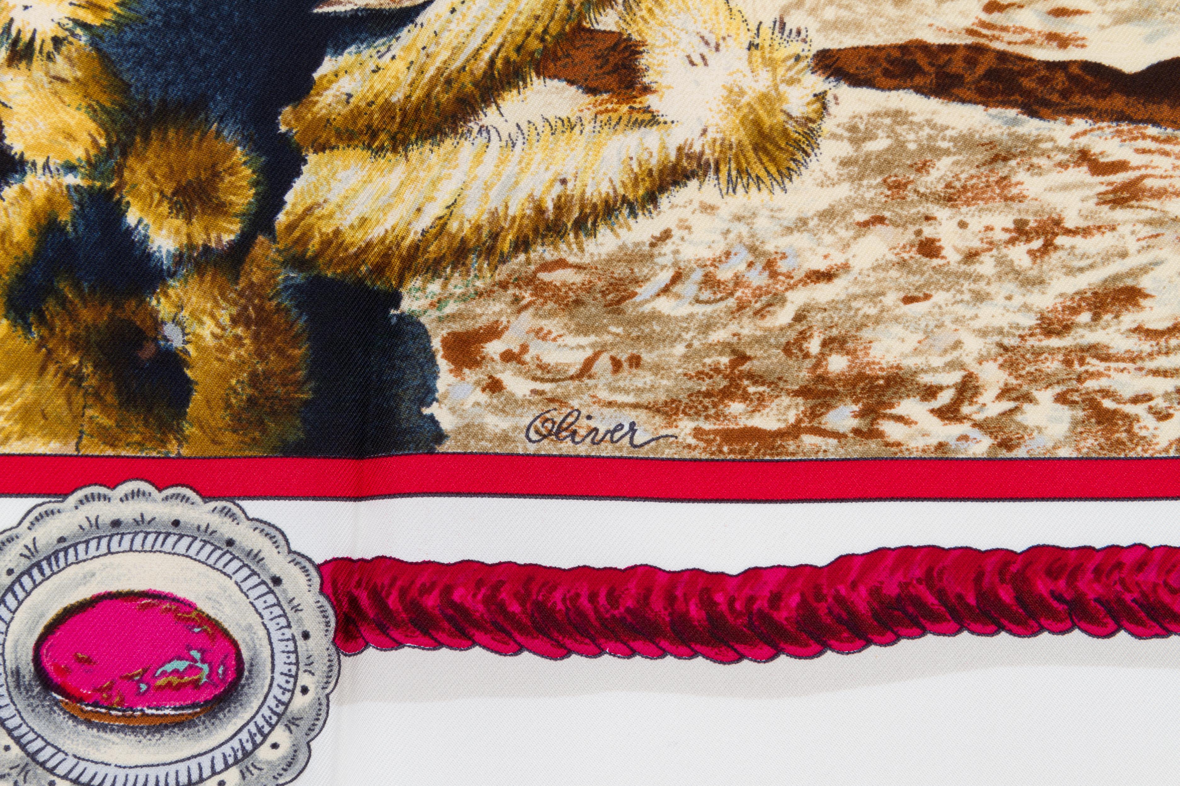 Hermès Pony Express white silk scarf by famed artist Kermit Oliver. The Pony Express features the postal system between Missouri and California during the mid 1800s. Hand-rolled edges. Does not include box. Minimal wear.
