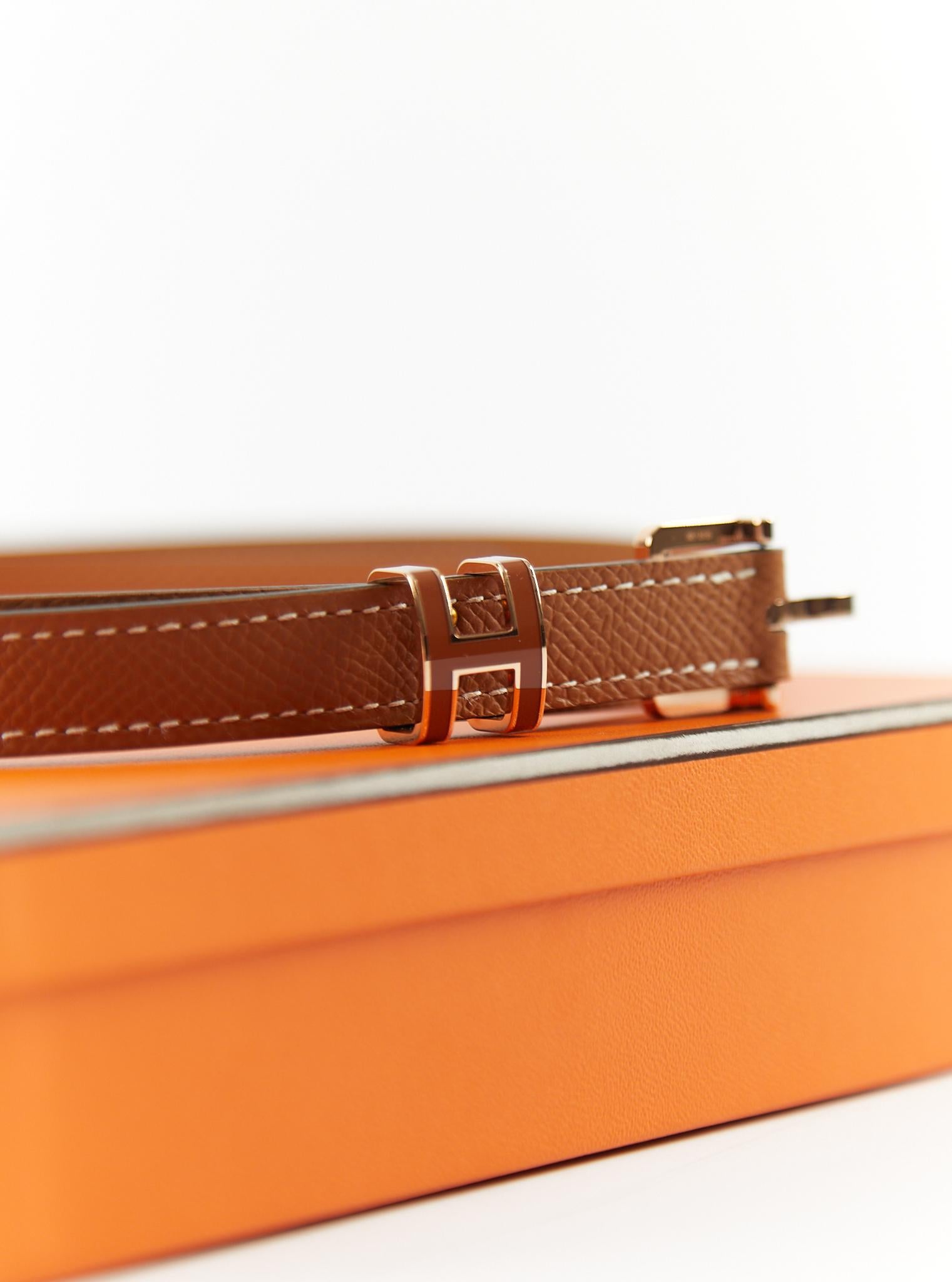 HERMÈS POP H 15 BELT 85 Gold Epsom Leather with Rose Gold Hardware In New Condition For Sale In London, GB