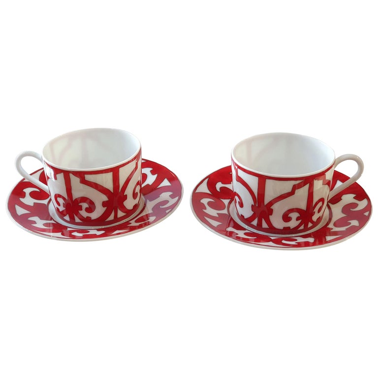 Hermès Porcelain "Balcon du Guadalquivir" Set of Two Tea Cups and Saucer,  France at 1stDibs