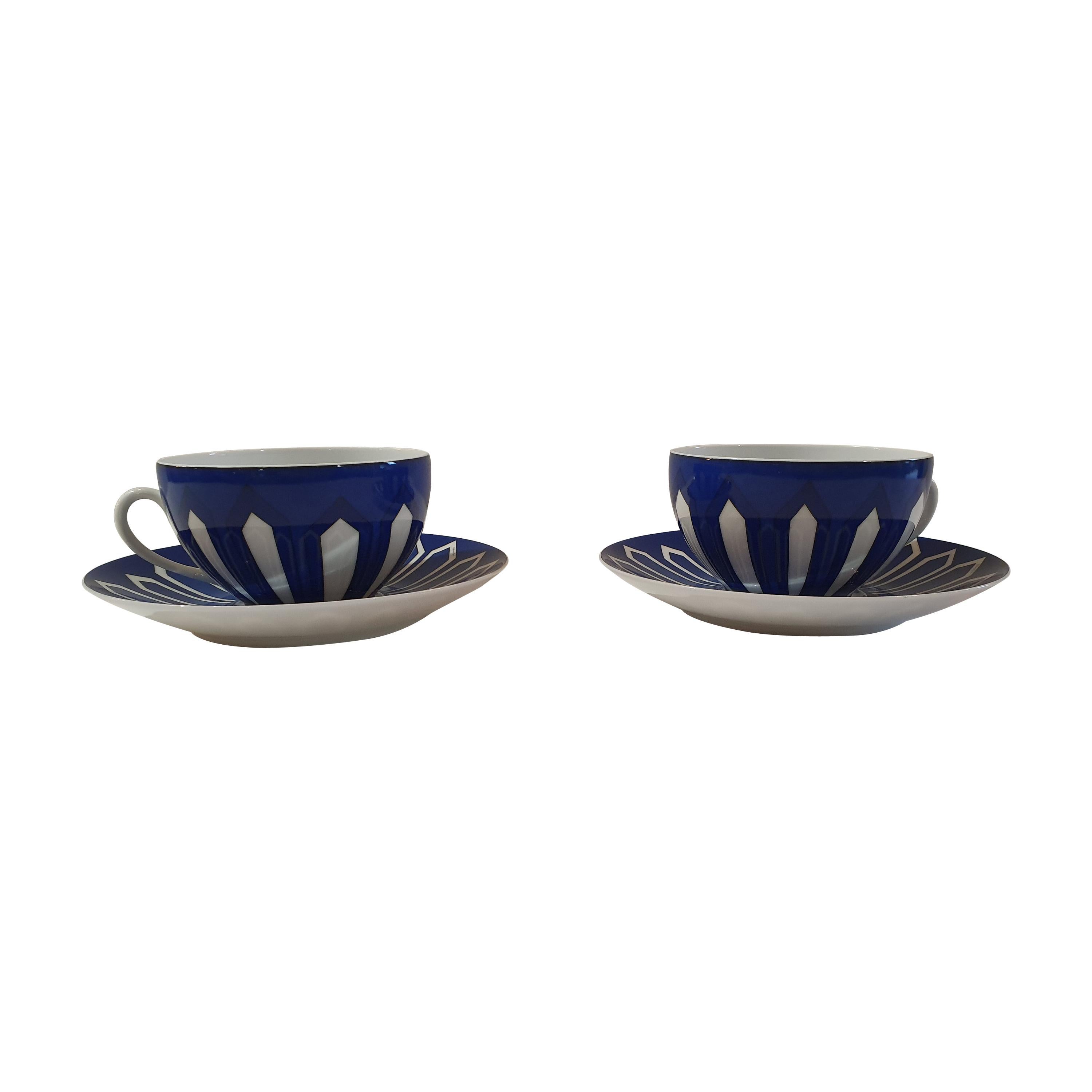 Hermès Porcelain "Bleus d'Ailleurs" Pair of Breakfast Cups, France, Modern
