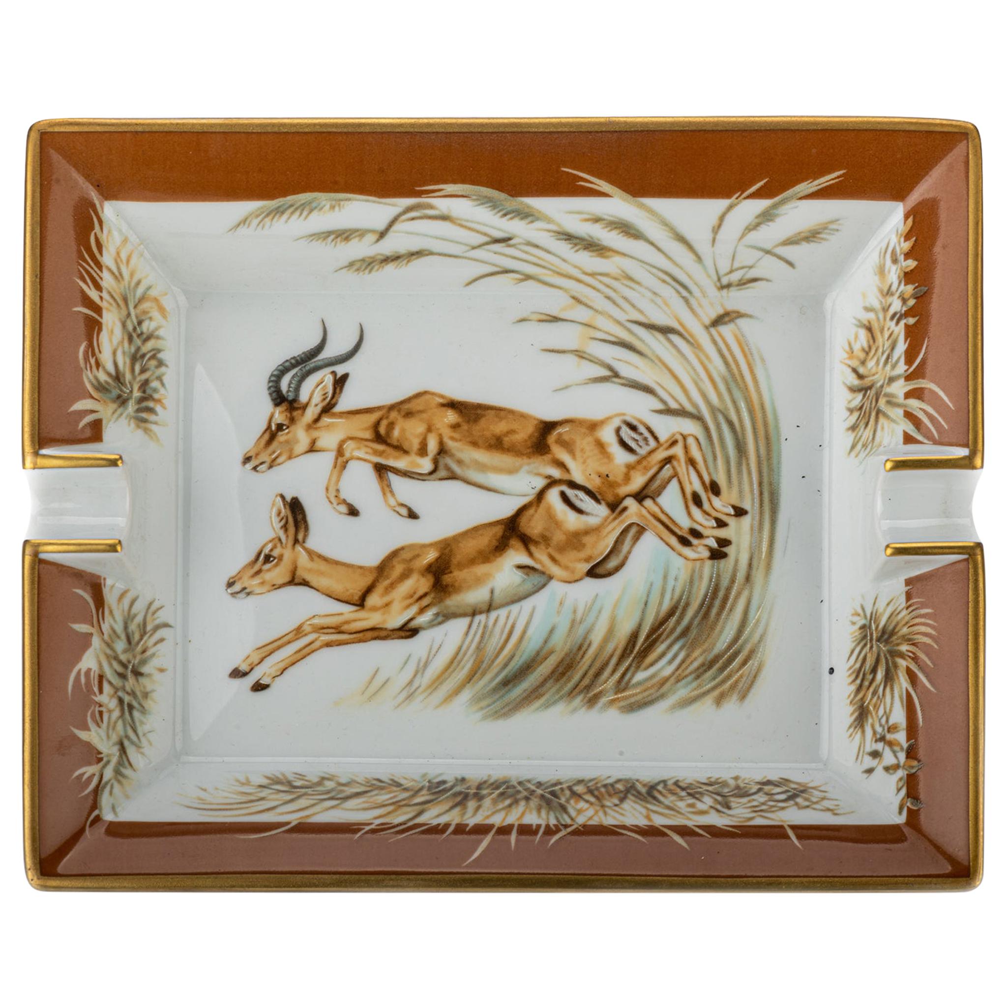 Hermes Porcelain Brown Antelopes Ashtray