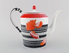 Hermes Porcelain Coffee Pot with Red Flowers and Black and White Decoration