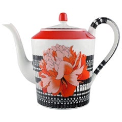 Vintage Hermes Porcelain Coffee Pot with Red Flowers and Black and White Decoration