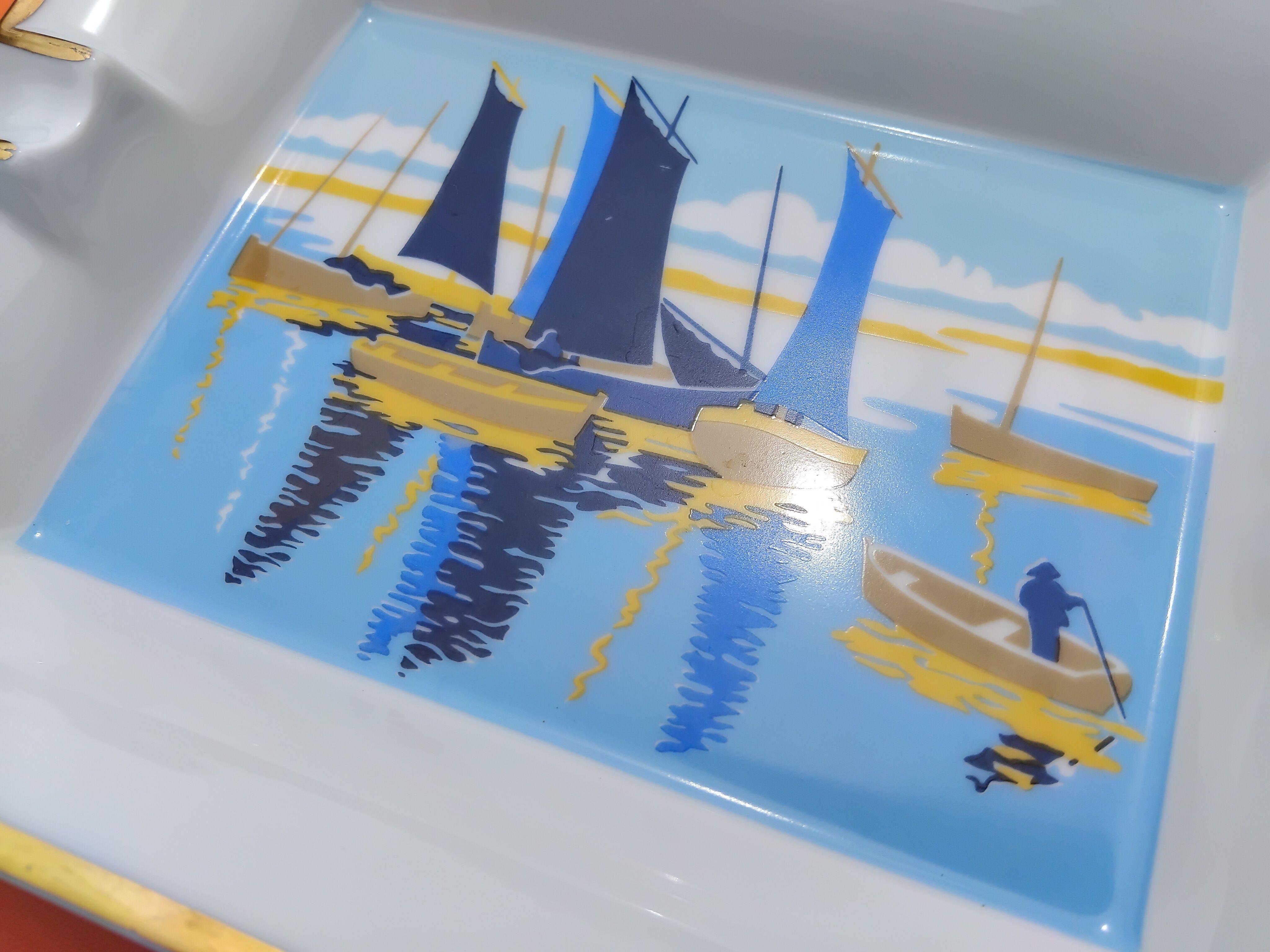 Hermès Porzellan Gold Zigarren Aschenbecher ändern Tablett kleine Boote Segelschiffe im Angebot 2