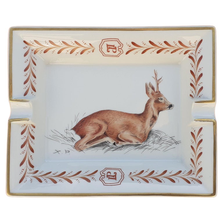 hermes cigarette tray Hermès Porcelain Gold Cigar Ashtray Change Tray Deer Print Xavier de Poret