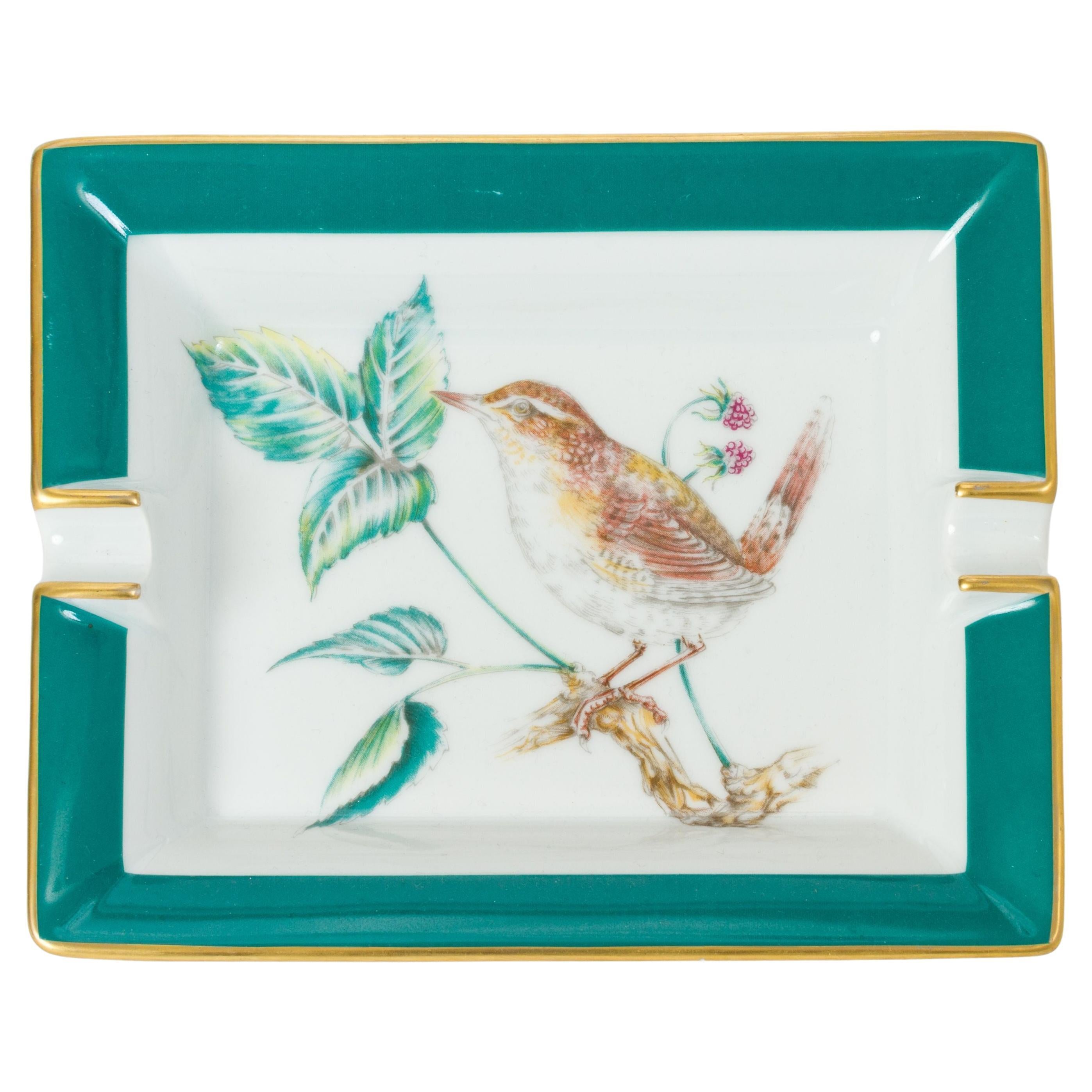 Hermès Porcelain Green Birds Ashtray For Sale