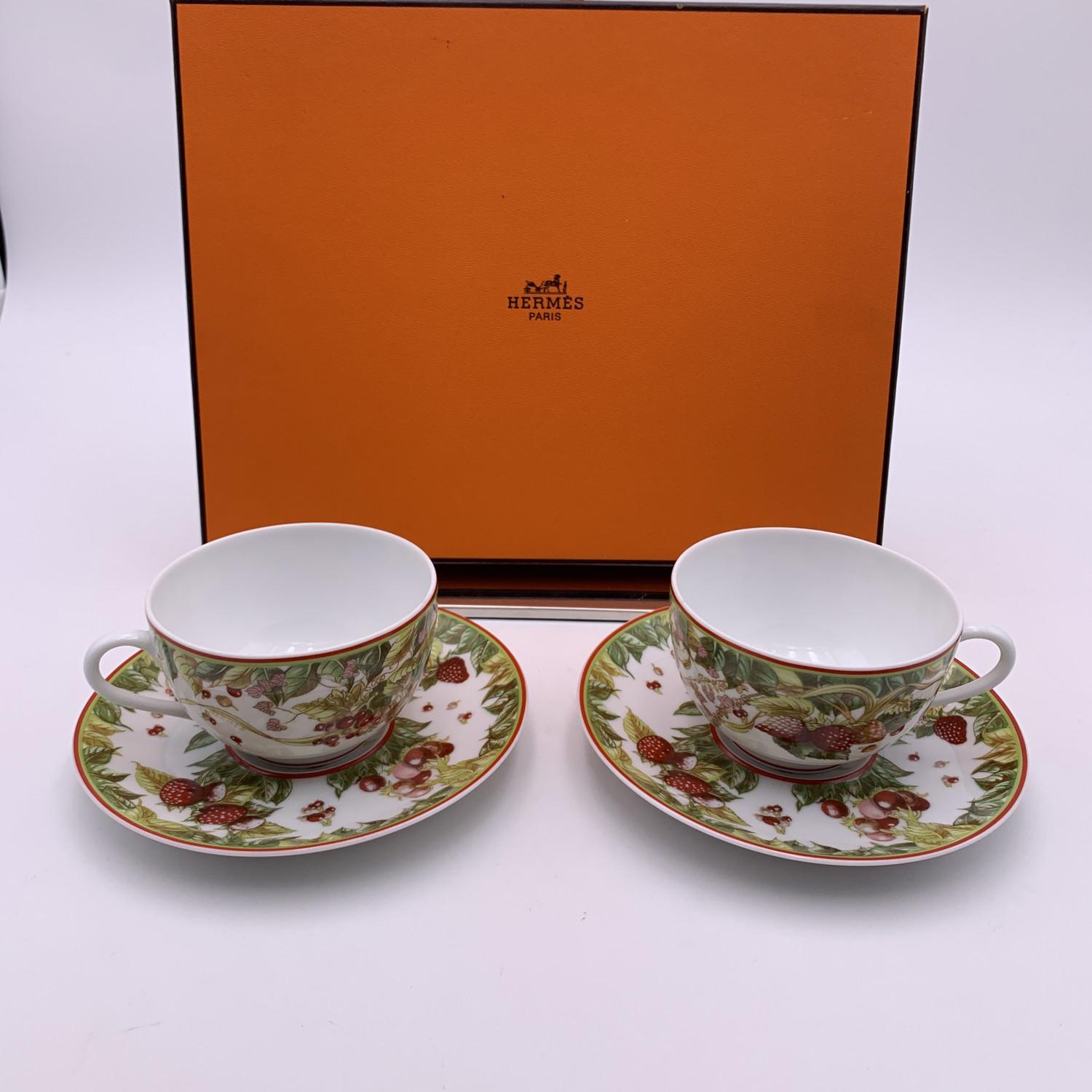 Gray Hermes Porcelain Le Jardin de Pythagore Set of 2 Tea Cups and Saucers