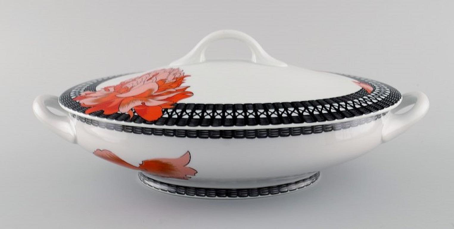 French Hermes Porcelain Lidded Tureen Decorated with Red Flowers, 1980s