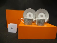 Hermes Porcelain Platinum "Mosaïque Au 24" Set of 2 Cups and Saucers