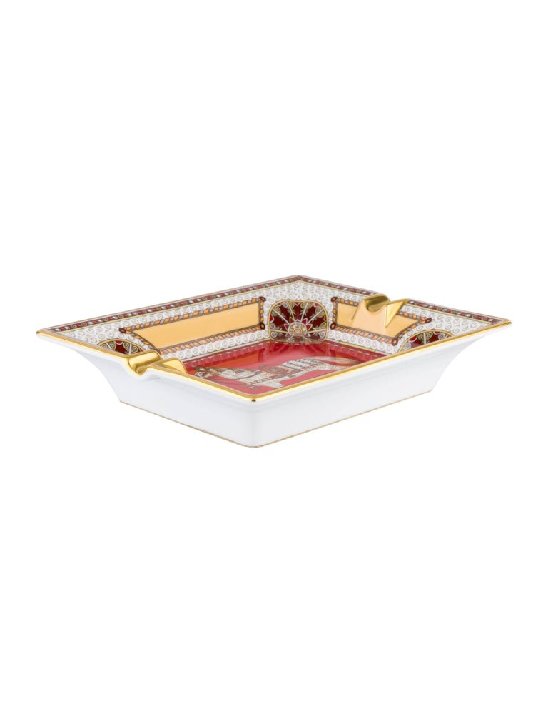 Hermes Porcelain Red Gold Gilt Table Dish Desk Table Decorative Tray
