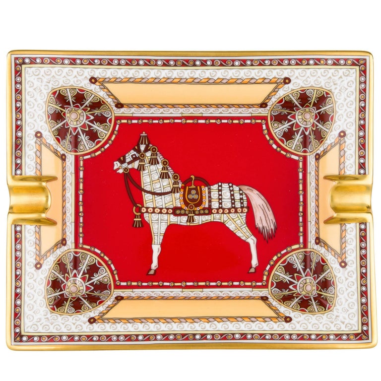 Hermes Porcelain Red Gold Gilt Table Dish Desk Table Decorative Tray