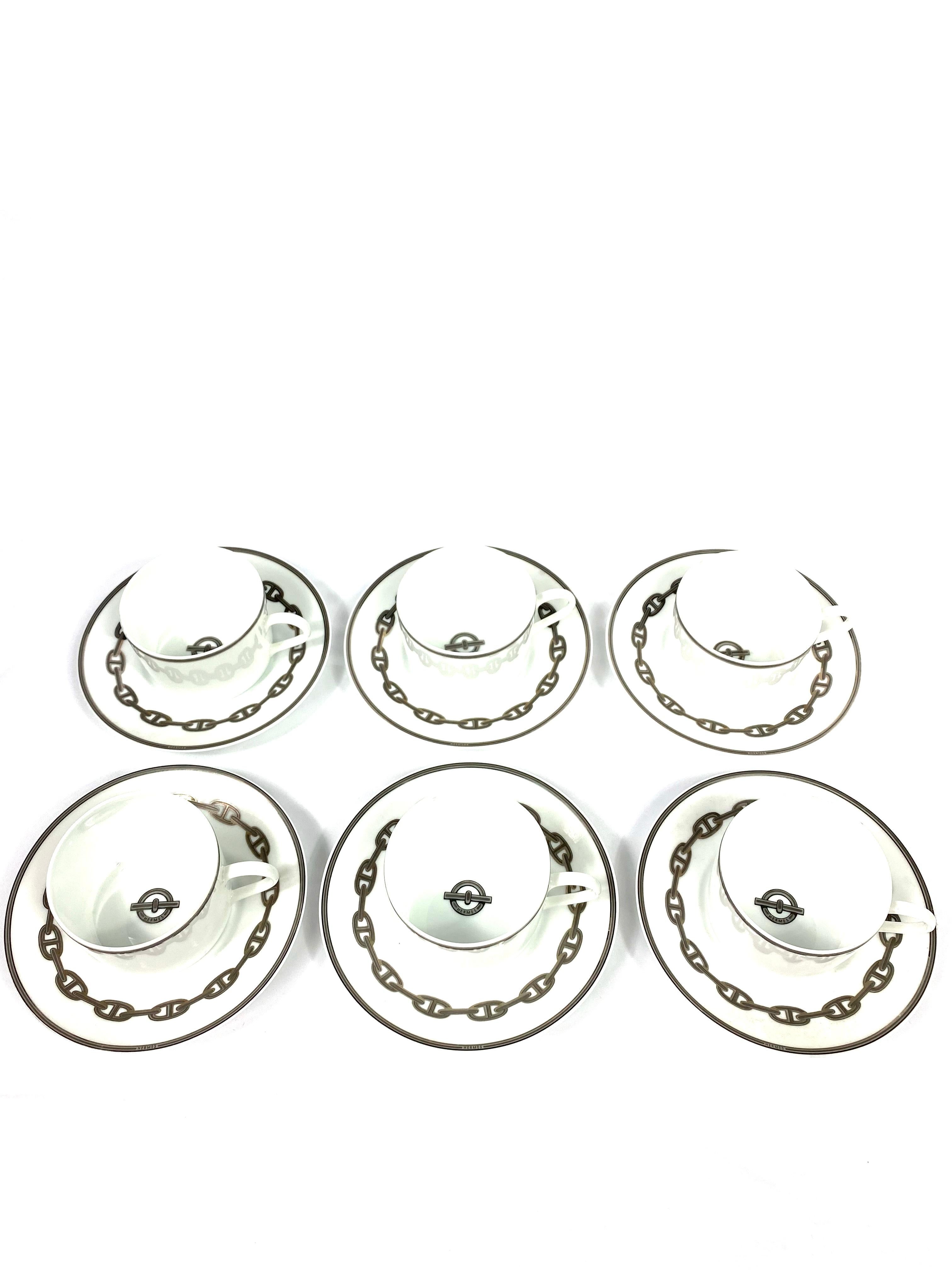 HERMES Porcelain Tea and Dessert Setting Chaine D'Ancre in Grey Set of 6 In Excellent Condition In Beverly Hills, CA