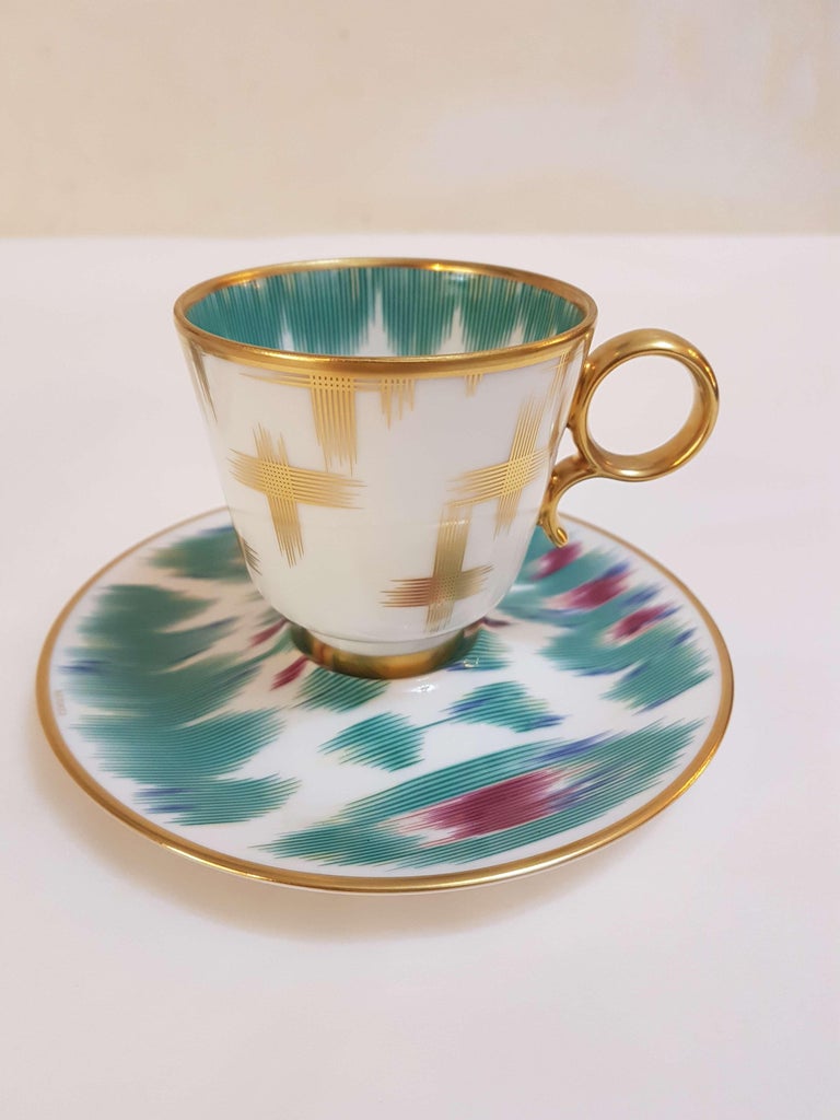 Hermès Porcelain "Voyage En Ikat" Coffee Cups Set for Two, France at