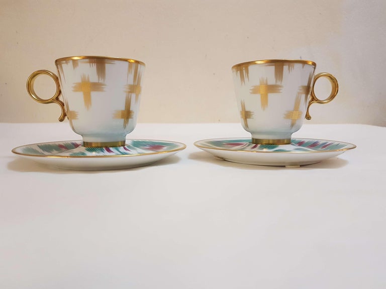 Hermès Porcelain "Voyage En Ikat" Coffee Cups Set for Two, France at