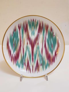 Hermès Porcelain "Voyage En Ikat" Emerald Dessert Plate for Two, France