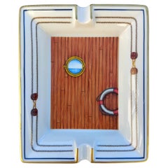 Hermès Porthole Print Cigar Ashtay Yacht Boat Navy Theme Porcelain Gold