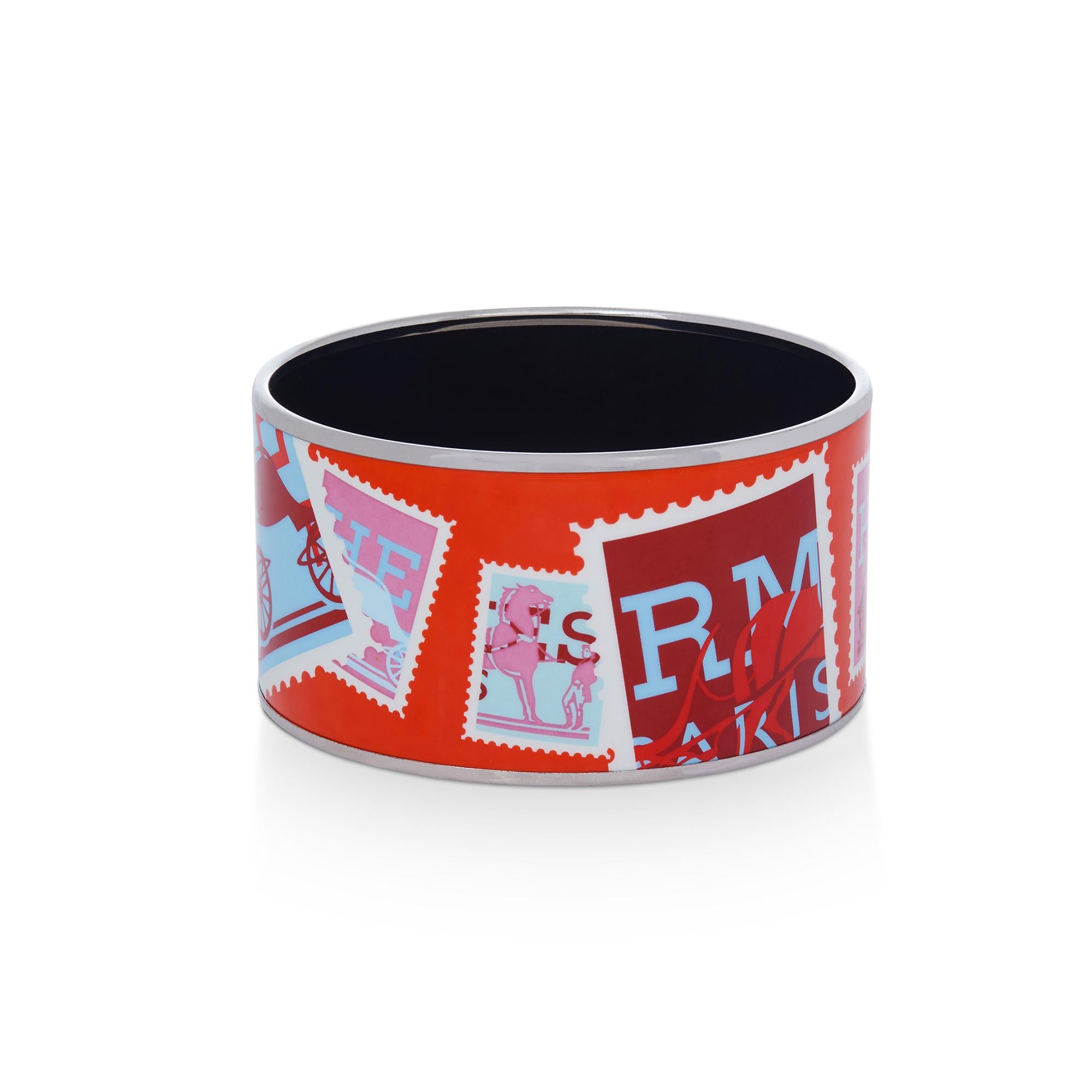 Authentic Hermès Paris bangle features multi-colored enamel work with a postage stamp theme. Signed Hermès Paris, Made in Austria, +K. Bracelet measure 1 1/2 inches in width, 8 1/4 inch internal circumference, will fit up to a 7 1/2-inch wrist.  The