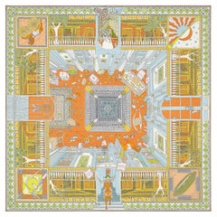 Hermes Potiron / Vert / Bleu Glacier Objets de Curiosite scarf 90