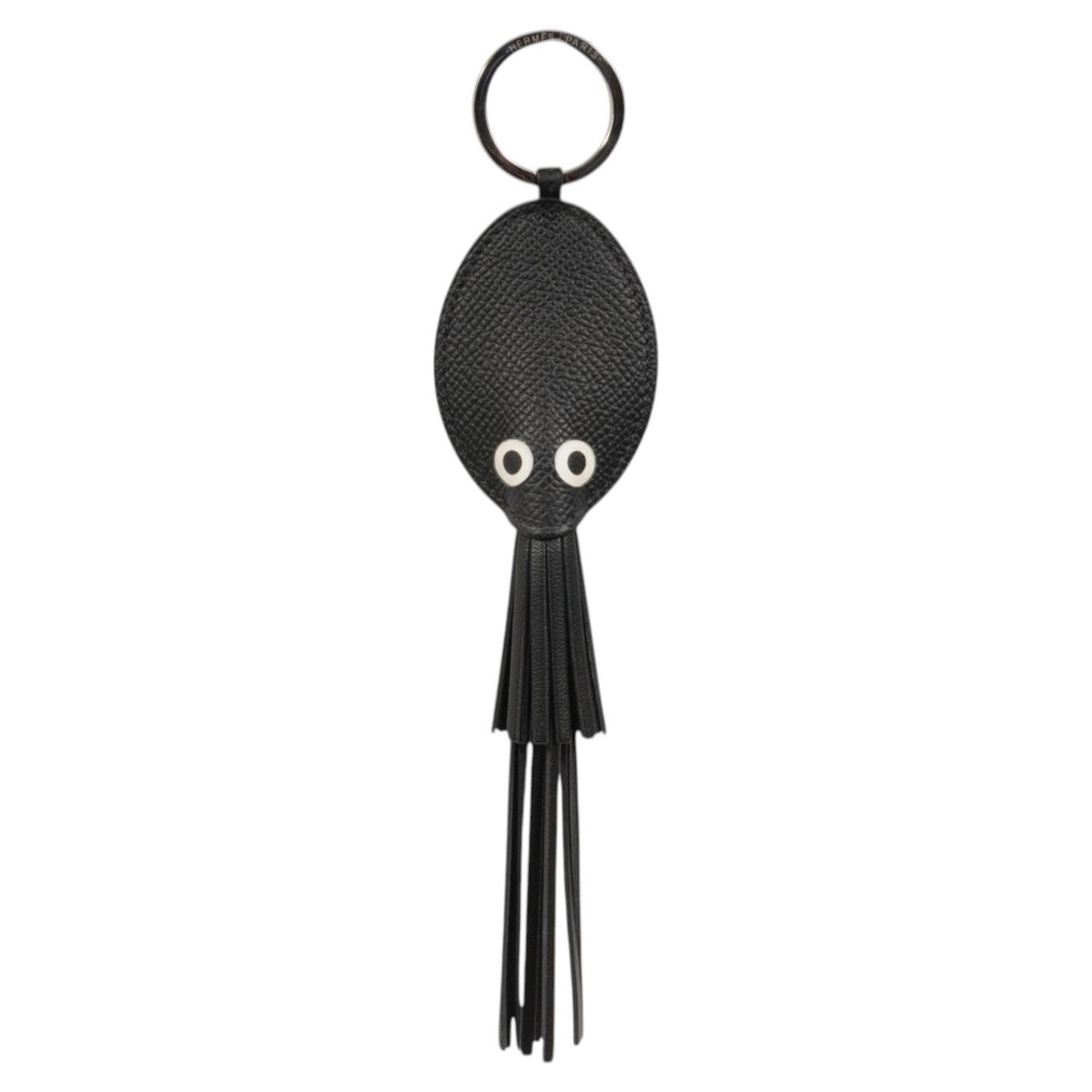 Portachiavi Hermes Poulpe in pelle nera e bianca con charm a forma di polpo per borse Birkin e Hac, 25, 30, 50