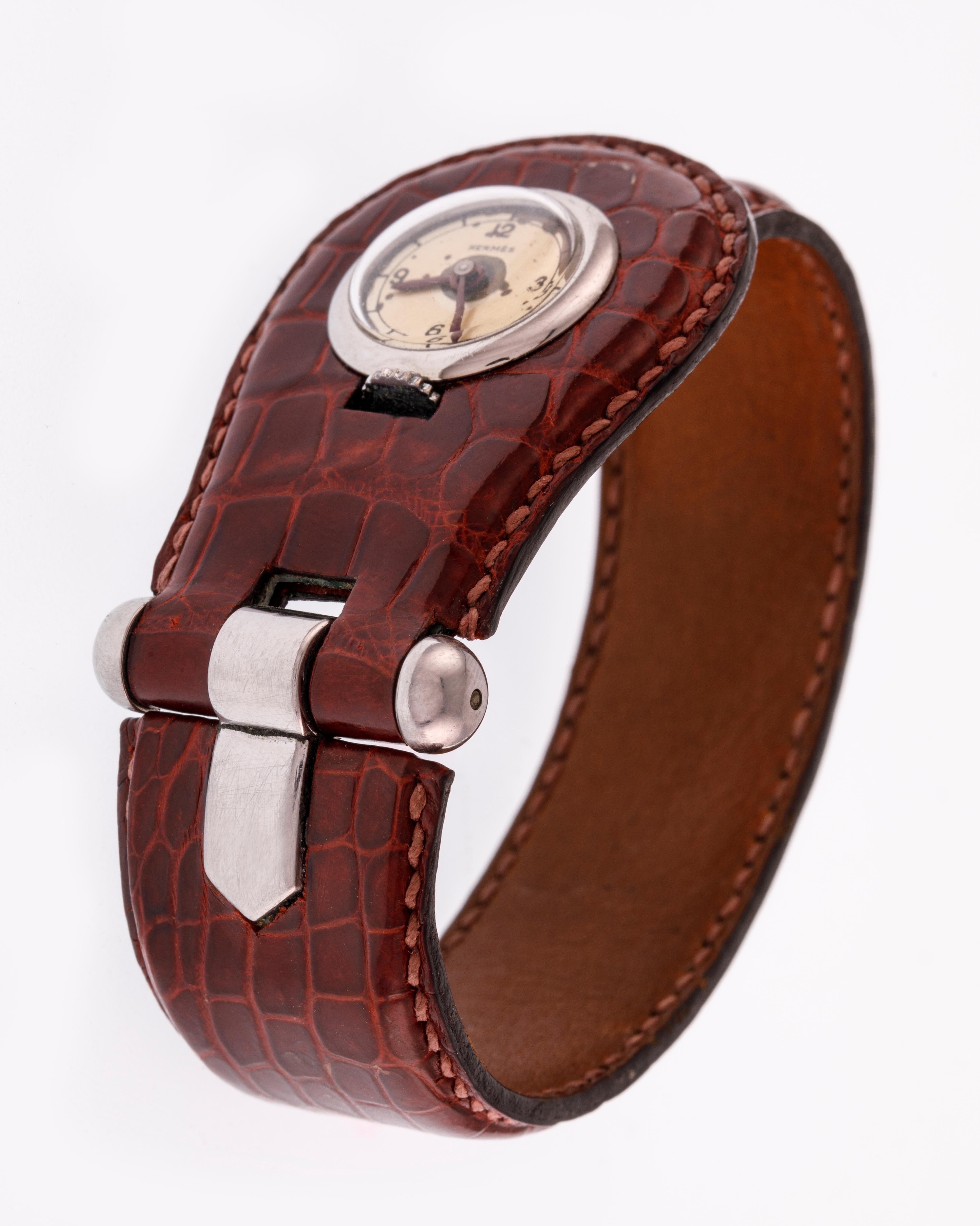 Women's Hermès Pour Le Sport Ladies Wrist Watch in Steel with Crocodile Skin Bracelet For Sale